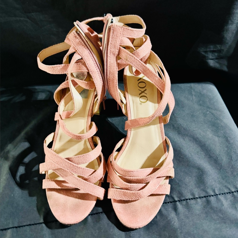 XOXO Women's Blush Pink Strappy Suede Heels